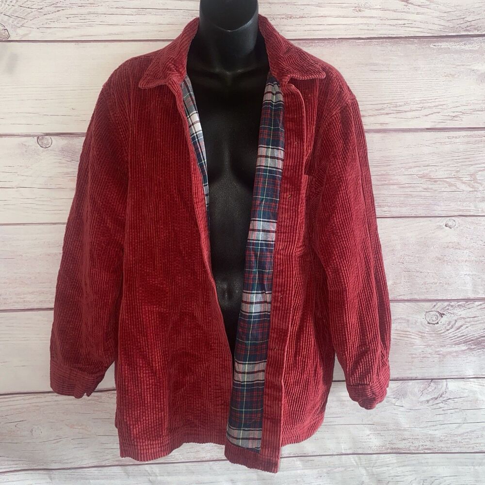L.L.Bean Womens Corduroy Jacket XL Petite Red Plaid Lined Barn Chore Coat Vtg